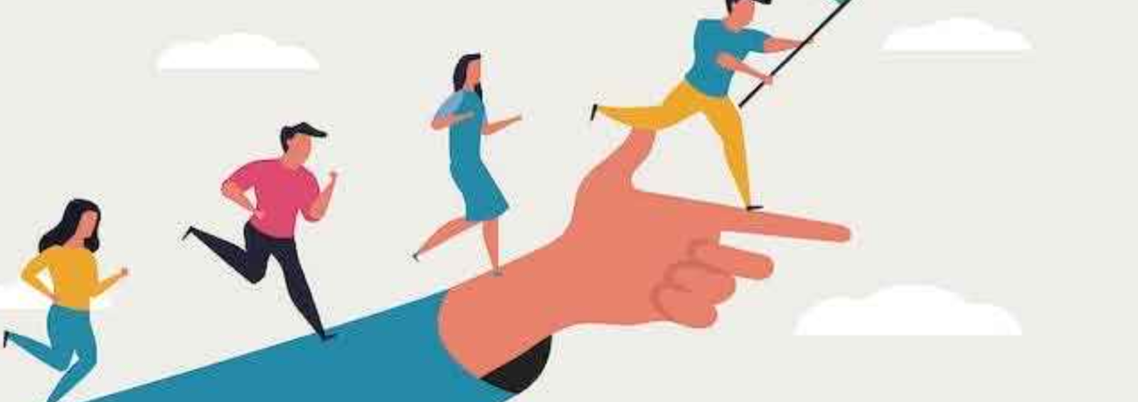 Abstract illustration of four animated characters running on an oversized hand pointing forward.